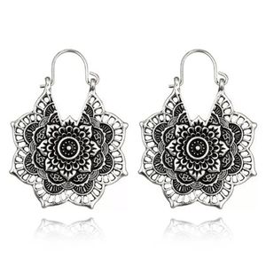 Boho Mandala Dangle Silver Bohemian Floral Metallic Earrings